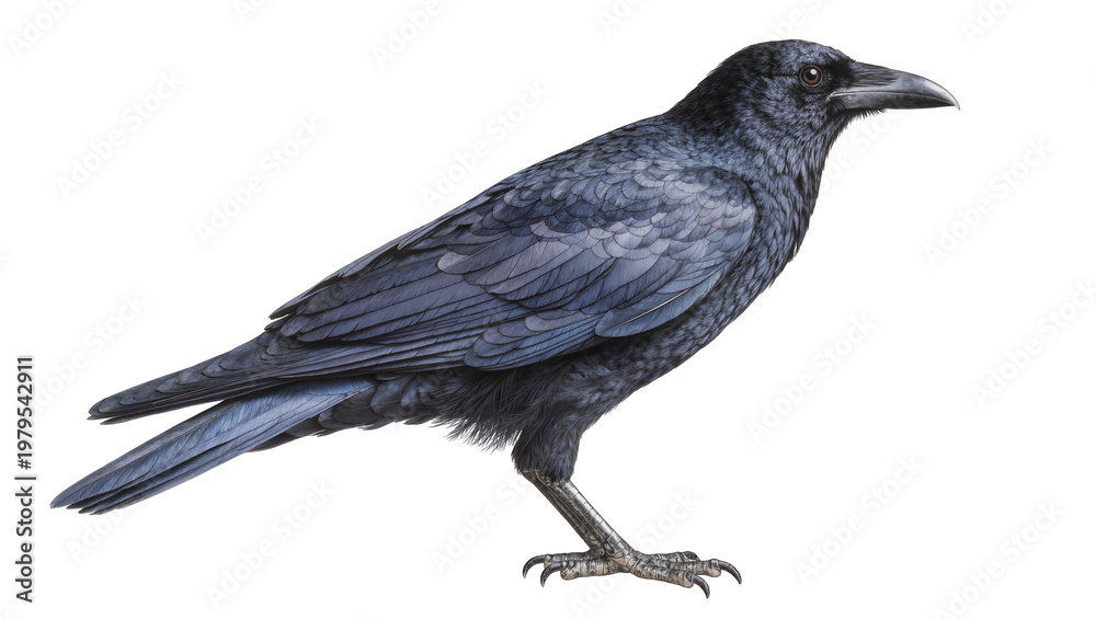 Obraz premium Black Crow Standing Profile View with Dark Feathers and Sharp Beak