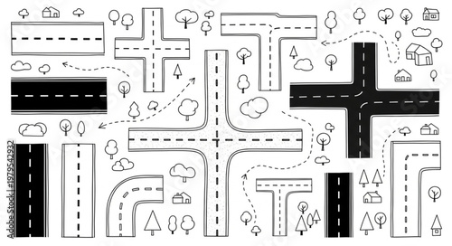 Hand Drawn Road Intersection Elements Collection.