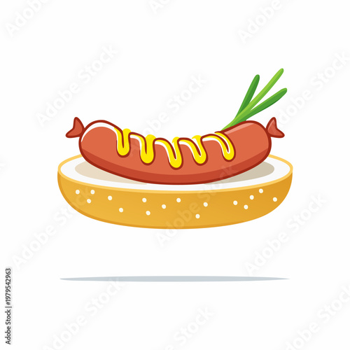Cartoon illustration of a delicious hot dog with mustard and green onions on a bun.