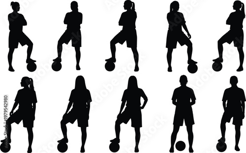 Female Soccer Player Silhouette Set Featuring Young Women Athletes Posing With Football Under Foot And Standing Confidently Isolated On White Background For Sports Design