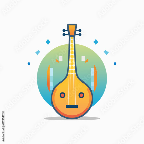Vibrant flat design illustration of a traditional stringed musical instrument with a long neck.