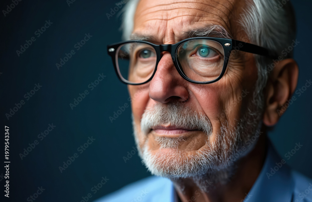 Obraz premium Elderly man with glasses looks thoughtfully into distance. Senior wears blue shirt, gray hair, beard. Professional portrait captures wisdom, intellect, quiet contemplation. Serene background