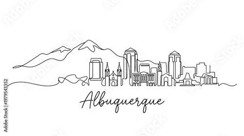 Minimalist Line Art Illustration of Albuquerque Skyline Against Mountain Range