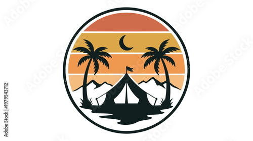 Vintage outdoor camping badge with tent silhouette mountains palm trees and crescent moon.