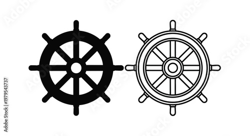 Two ship wheels one filled and one outlined in black and white silhouette