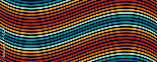 Latar belakang abstrak dari desain Garis Bergelombang pelangi pada tahun 1970-an bergaya Hippie Retro. Pola vektor siap digunakan untuk kain, tekstil, bungkus dan lainnya.