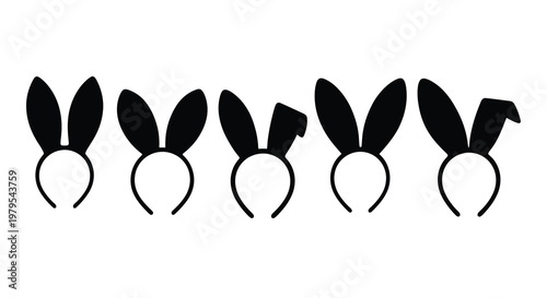 Five black bunny ear headbands displayed in a linear arrangement silhouette