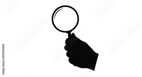A hand holding a magnifying glass in stark black silhouette