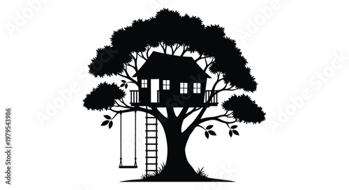 Charming treehouse nestled within lush foliage a striking silhouette