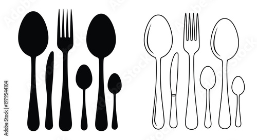 Cutlery set depiction spoons forks and knives in black silhouette