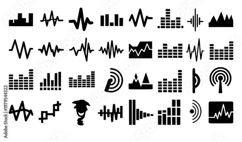 Sound wave solid icon audio equalizer symbol vector set