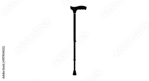 A black walking cane stands isolated against a white background silhouette