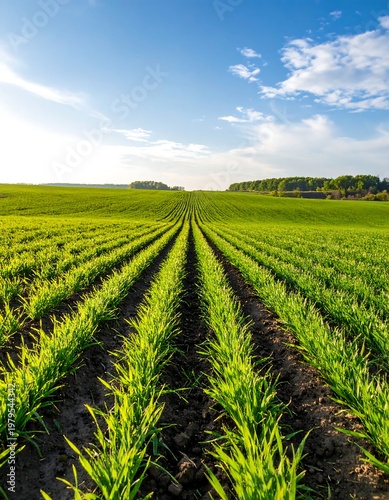 Lush rows of young, vibrant green crops stretch into the distance, leading the viewer's eye towards a distant tree line under a bright blue sky