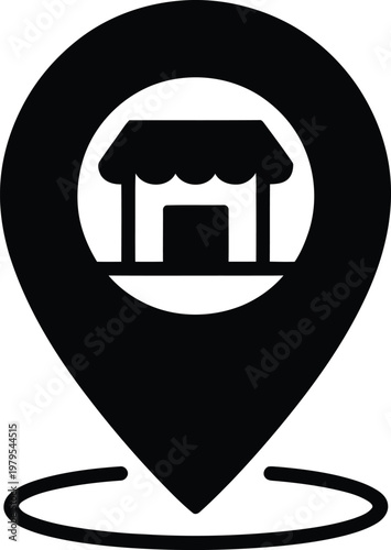 Location pin icon showing a store or shop building with location business commerce building navigation destination storefront establishment retailer