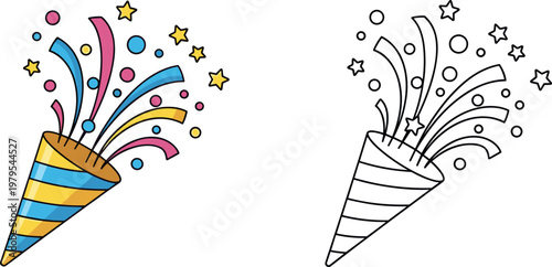 Black silhouette vector illustration of party popper icon with confetti and streamers, celebration symbol, festive design element, decorative composition