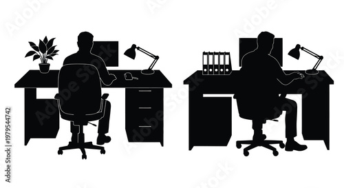 Two men working at desks office scene black and white silhouette