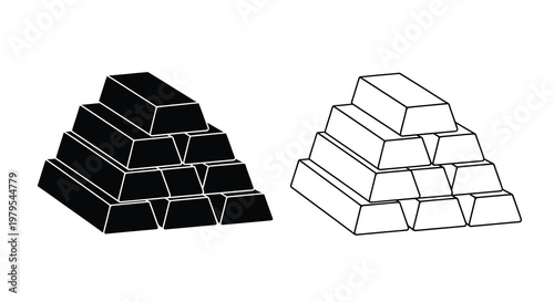 Two stacks of gold bars presented in contrasting styles silhouette