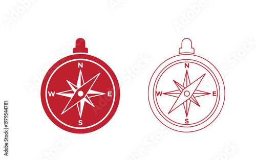Red compass filled and outlined, with north, south, east, west directions navigation