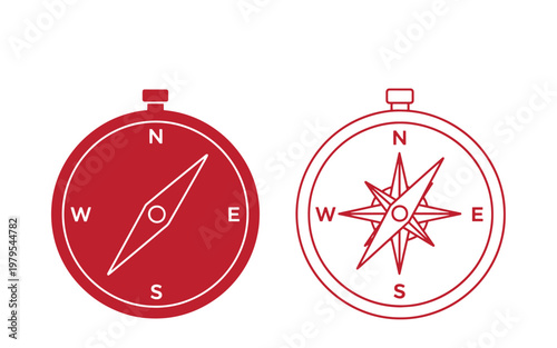 Red compass two variations with north, south, east, west directions navigation