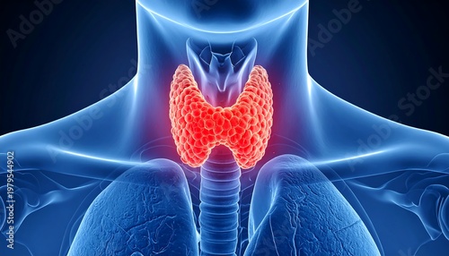 Medical Illustration of the Human Thyroid Gland in the Neck.