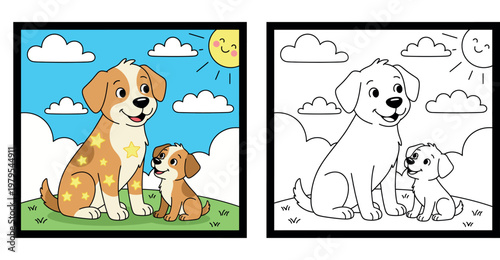 Mommy Dog and Puppy Coloring Page