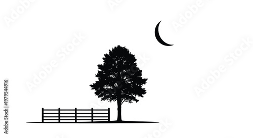Lone tree and crescent moon create a peaceful nighttime silhouette