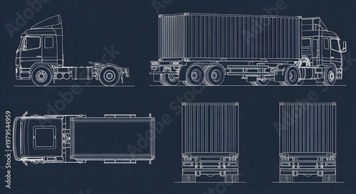 Container Truck Blueprint Vector – Cargo Trailer Multiview Technical Drawing White Outline on Dark Blue Background No Markings