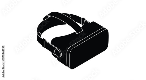 Black virtual reality headset displayed on a white background silhouette