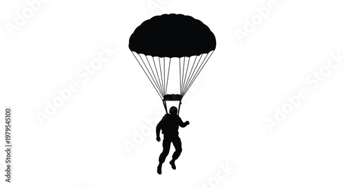 A skydiver descends with an open parachute against a white background silhouette