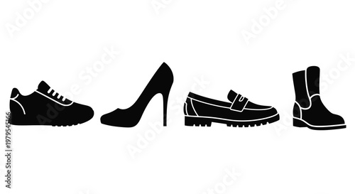 Black footwear collection including heels loafers and boots silhouette