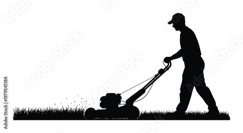 Man mowing lawn with rotary mower a striking black silhouette