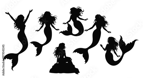Photography Black silhouettes of mermaids in various poses and forms silhouette