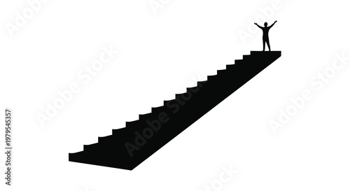 A person stands atop a staircase arms raised in triumph silhouette