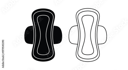 Two sanitary pads one solid and one outlined in black and white silhouette