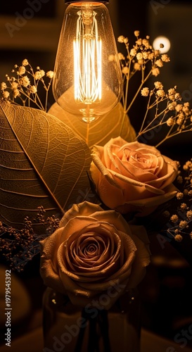 Elegant floral arrangement with vintage light bulb and roses.