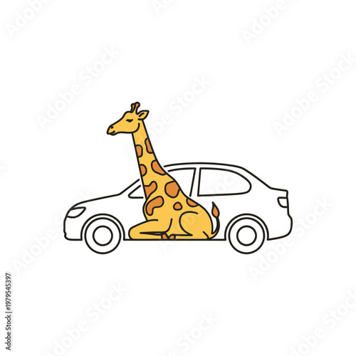 A cartoon giraffe sitting on top of a car in a playful illustration