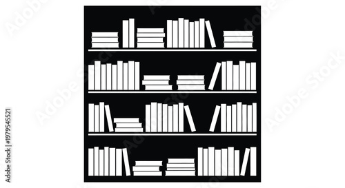 Bookshelves filled with books presented as a stark white silhouette