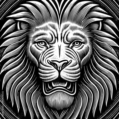 Logo design lion head emblem flat vector line art woodland animal brand mascot vintage engraving style portrait