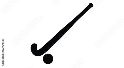 A simple black silhouette of a field hockey stick and ball