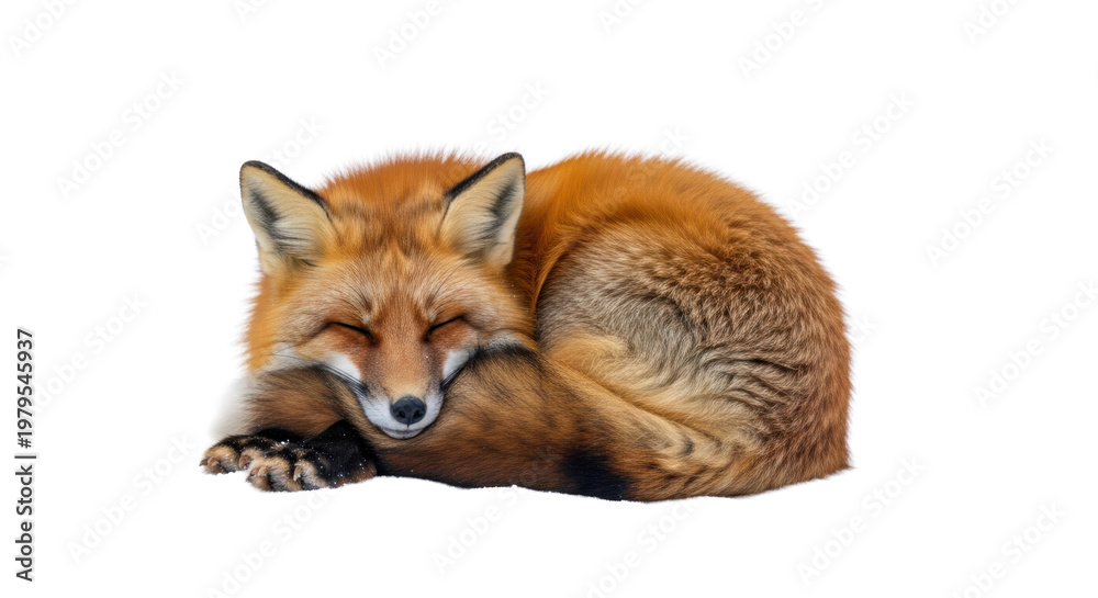 Obraz premium lone wild red fox with fiery-orange fur curled tightly, sleeping soundly on transparent snow under soft morning light with deep bokeh. concept of wildlife survival and tranquility
