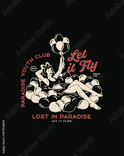 Vintage style illustration of a woman in a ball pit with balloon