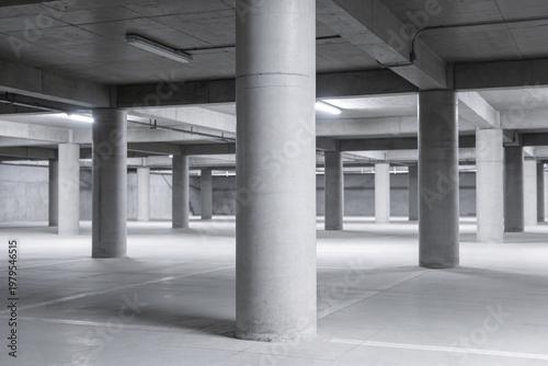 Vast concrete parking garage interior with rows of columns and overhead lighting