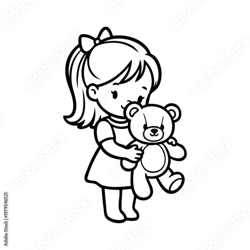 Dibujo minimalista con líneas de una niña feliz de pie, con ropa informal, llevando abrazando a un oso de peluche