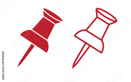 Red push pins, filled and outlined on white background, filled outlined thumbtacks
