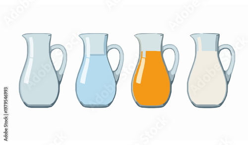 Minimal glass jug set with water juice milk and empty container flat vector illustration isolated on white background