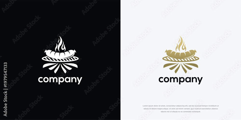 Naklejka premium Sausage On Grill Logo Design