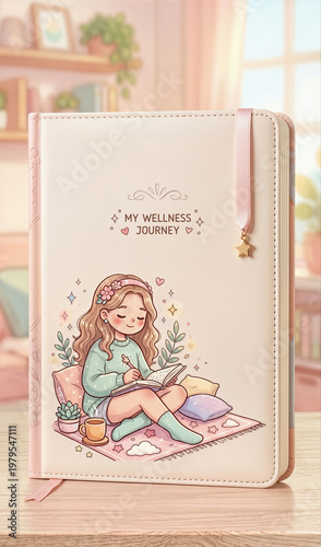 Wellness Journal Cover Design with Girl Writing for Self Care and Mindfulness