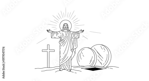 Resurrected Christ Appears to Disciples with Empty Tomb and Cross Silhouette
