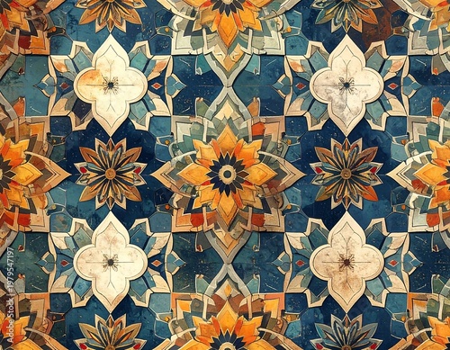 Ornate, symmetrical mosaic pattern. Complex arrangement of floral and geometric shapes in blue, gold, & white tones, suggesting depth and texture