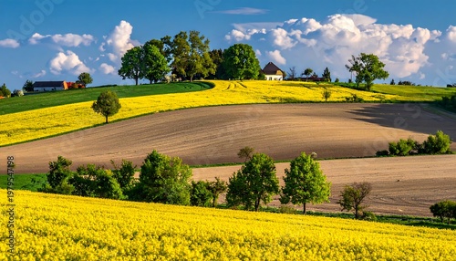 Rolling farmland landscape under a vibrant blue sky with fluffy white clouds, featuring yellow flowering fields and scattered trees